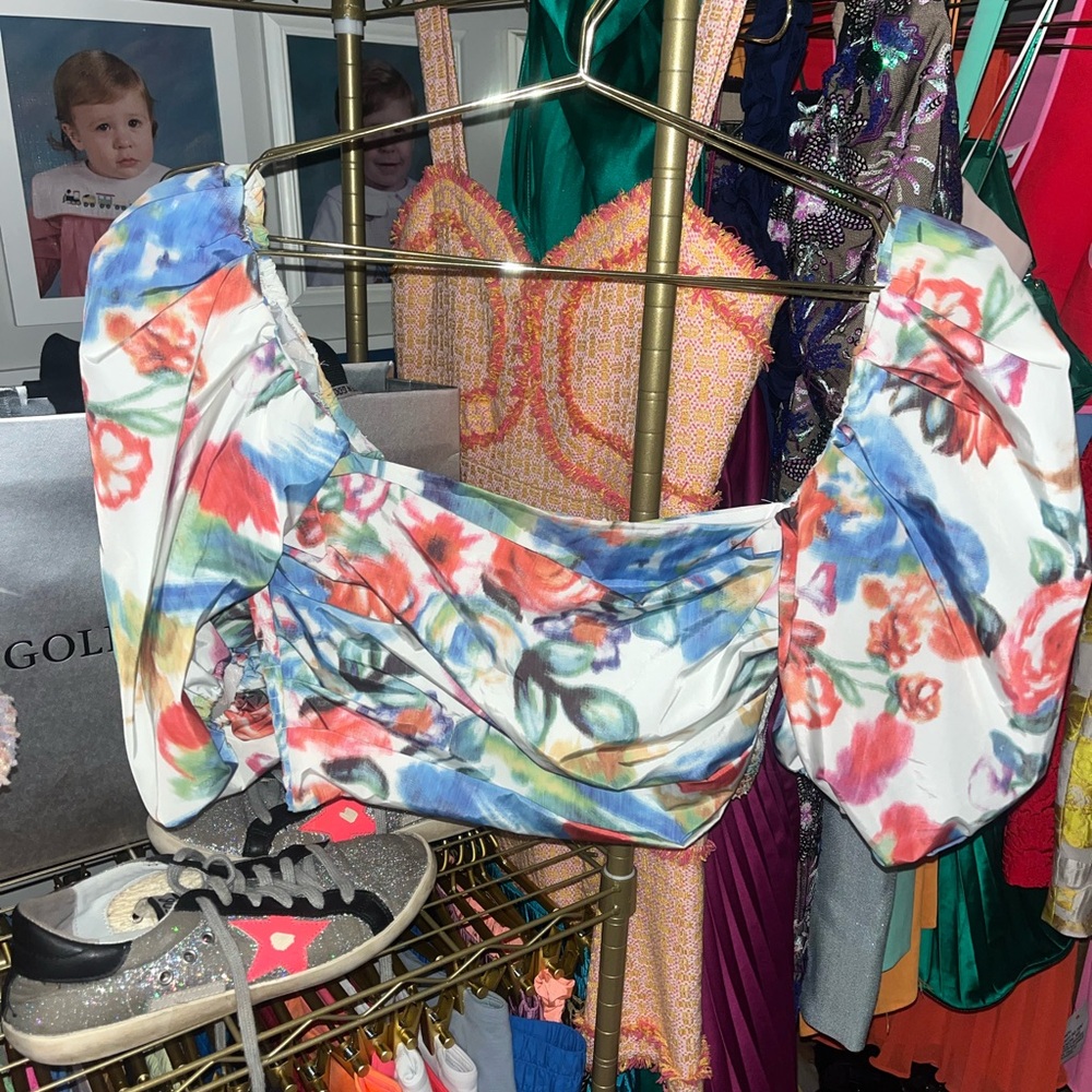 Amanda Uprichard Cropped Floral Top with Puff Sleeves